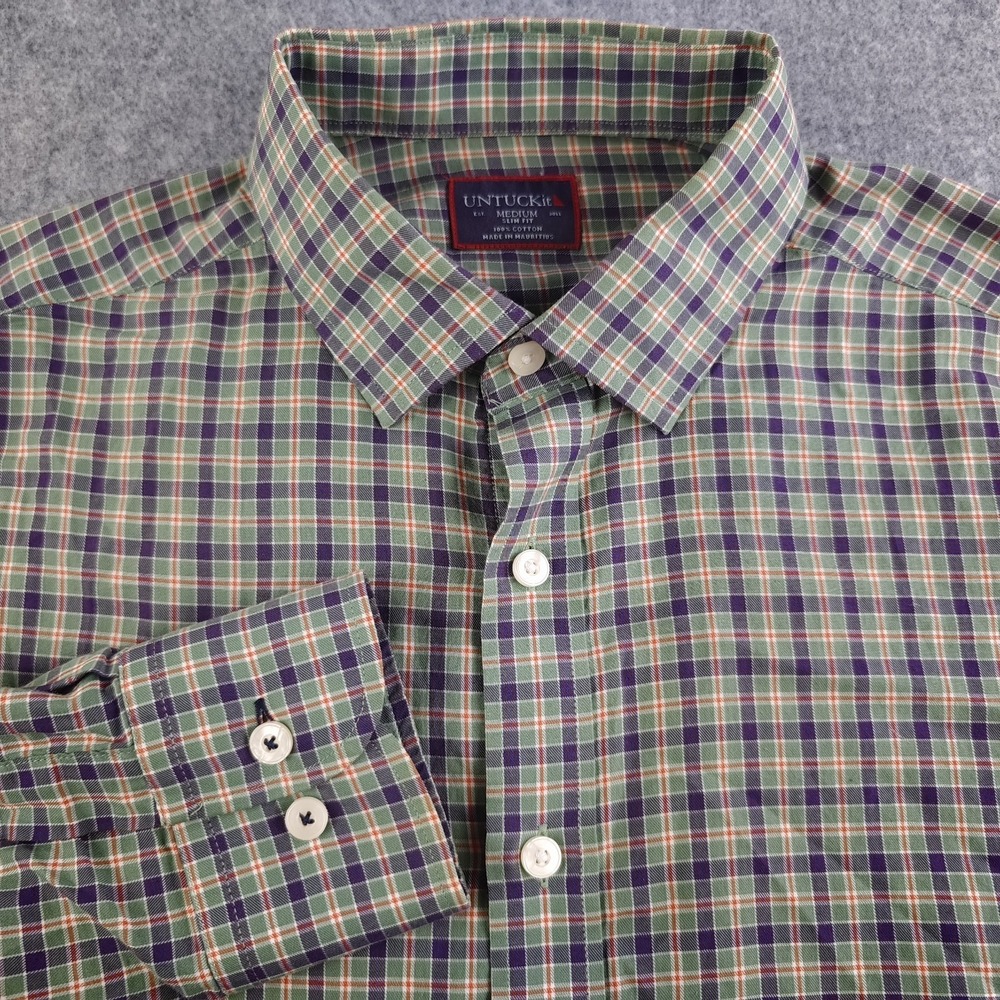 Untuckit Shirt Mens Medium Slim Fit Purple Green Plaid Long Sleeve Button Up